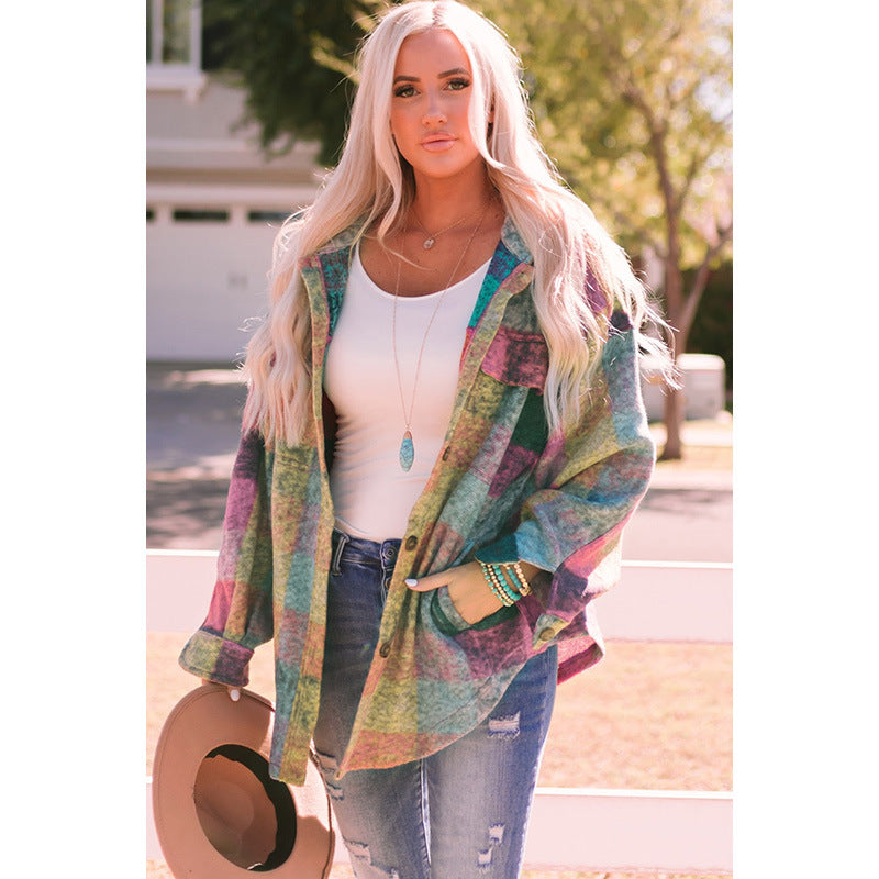 Autumn New Loose Multi-Color Long-Sleeved Coat Women Long Casual Fleece Plaid Jacket Women