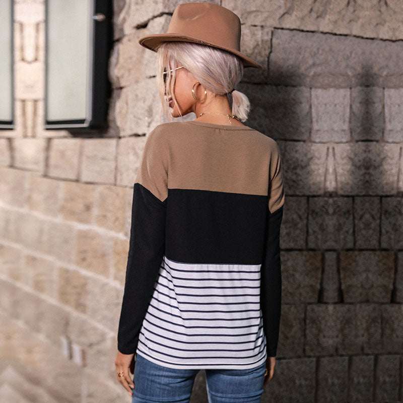 For Generation Of Casual Women's Long-Sleeved Patchwork Loose Striped Knitwear