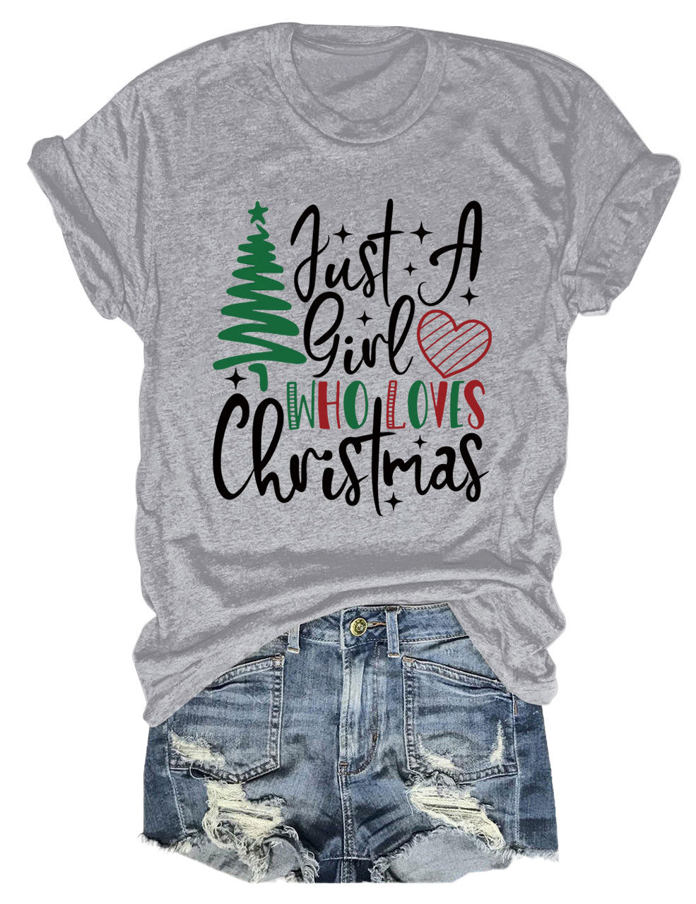 New Just A Girl Fun Christmas Tree Print Round Neck Short Sleeve Female Spot