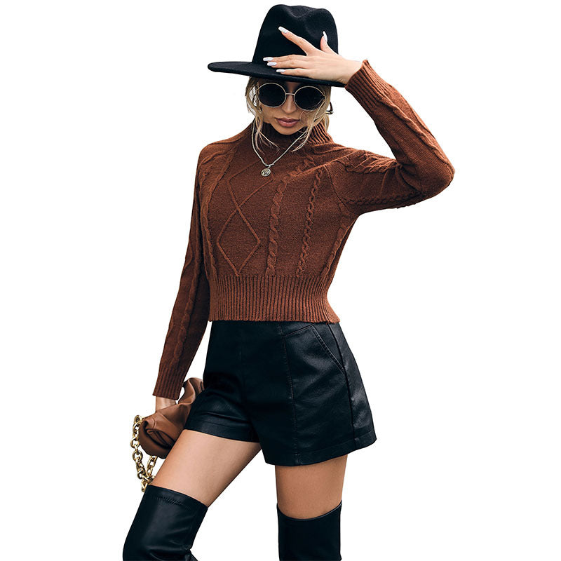 New Fashion Women's Long Sleeve Solid Color Twist Short Sweater Casual Women