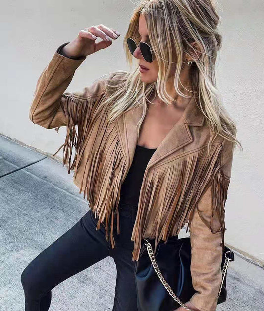 Women's Autumn New Slim-Fit Top Long-Sleeve Printed Fringe Coat Female