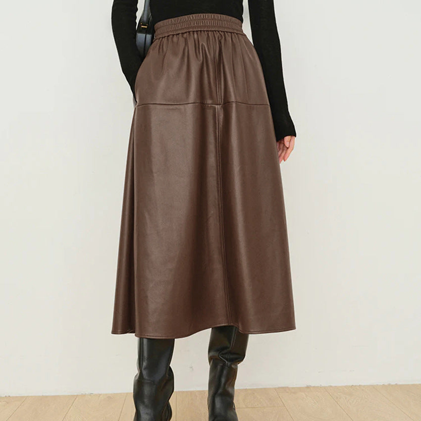 Autumn And Winter Leisure Loose Vintage Leather Skirt High Waist All Commuter Half A-Line Skirt Women