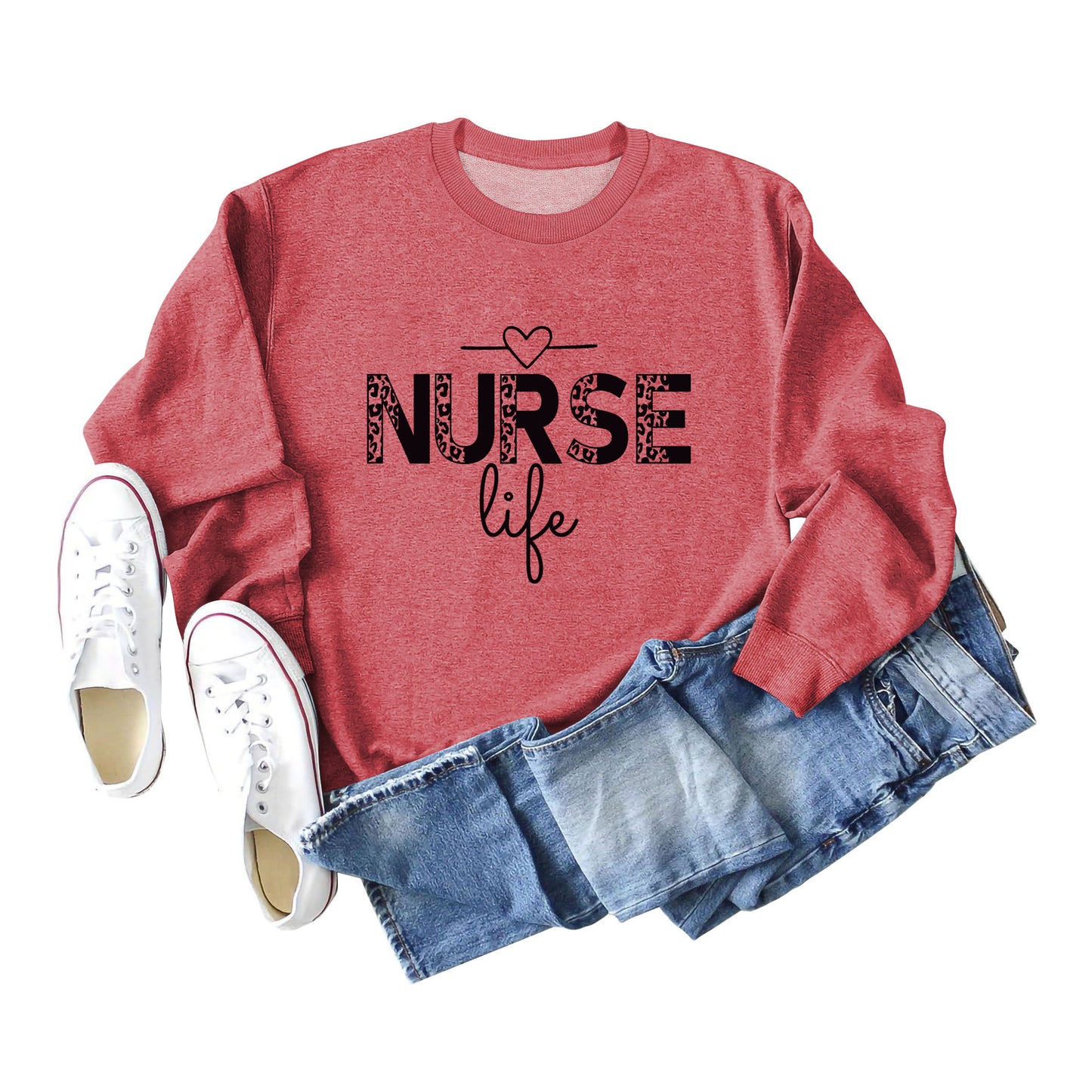 Pullover Crew Neck Top Long Sleeve Nurse Life Print Loose Hoodie