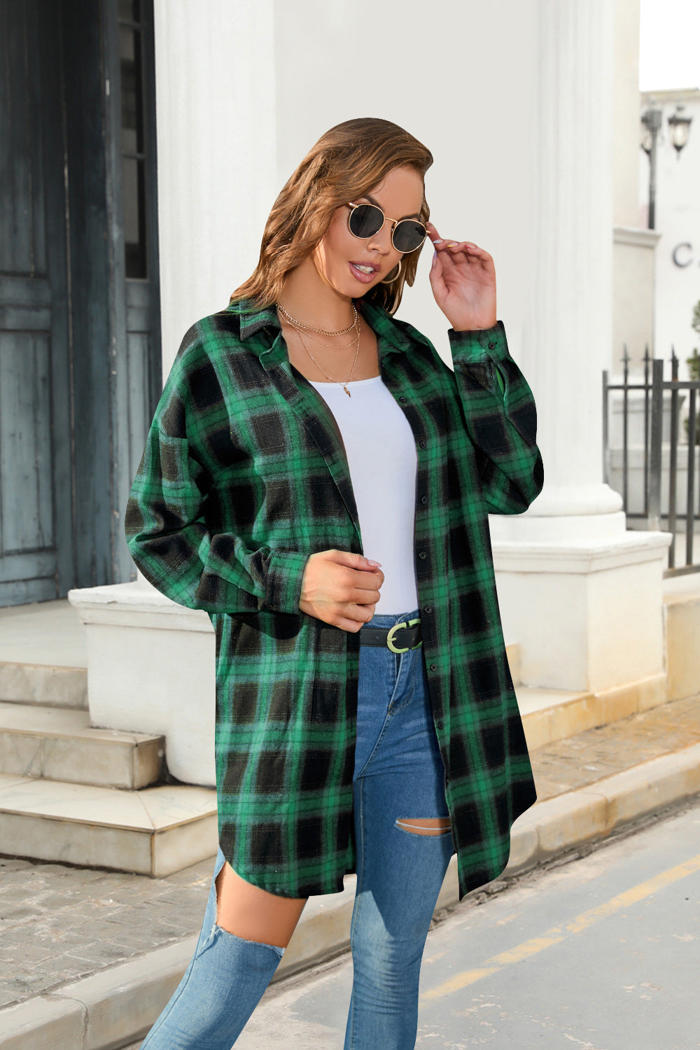 Large Size Women's Long-Sleeved Plaid Shirt Female Autumn Long Plaid Shirt American Retro Coat Female