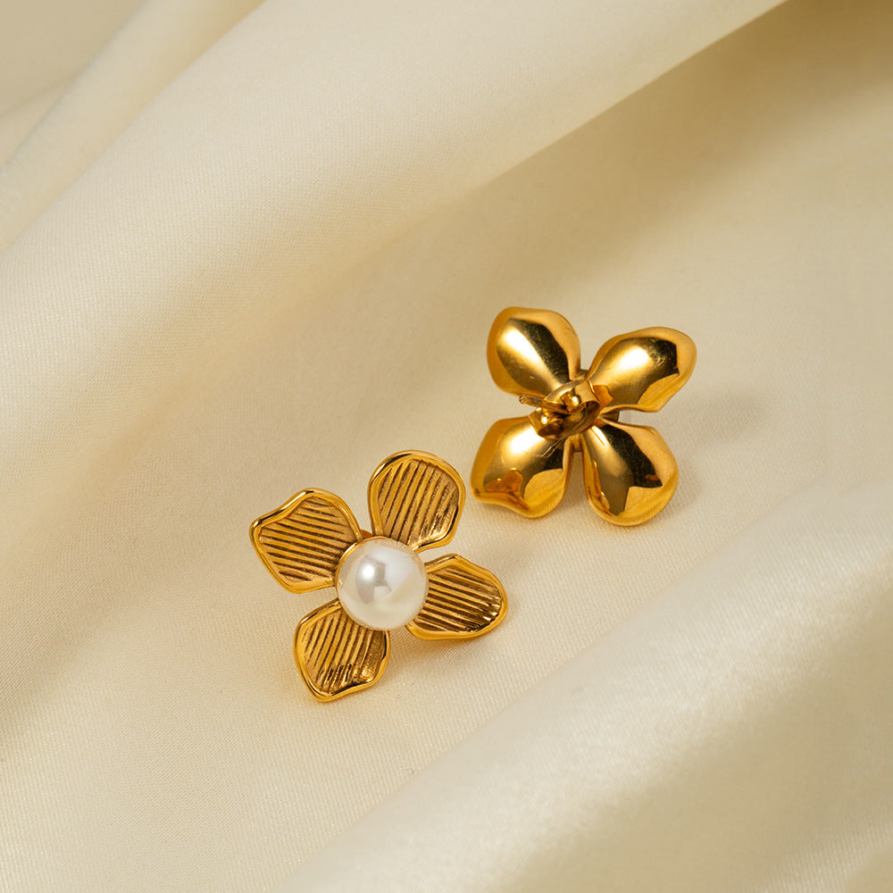 5pcs 18K Gold Stainless Steel Beaded Flower Set Earrings Style Geometric Earrings Do Not Fade Jewelry