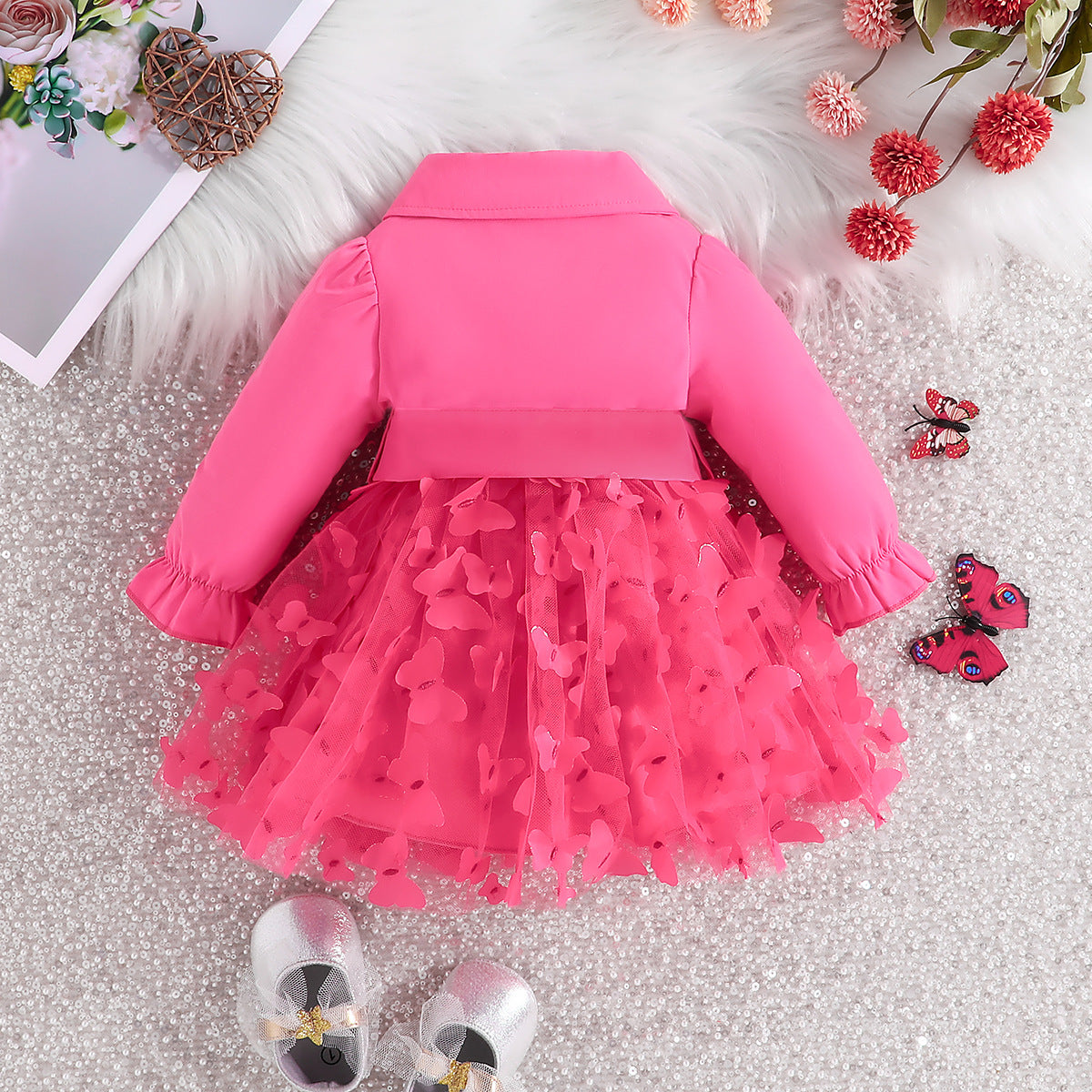 Spring And Autumn New Rose Red Sweet And Lovely Wind Children's Butterfly Gauze Pongee Skirt