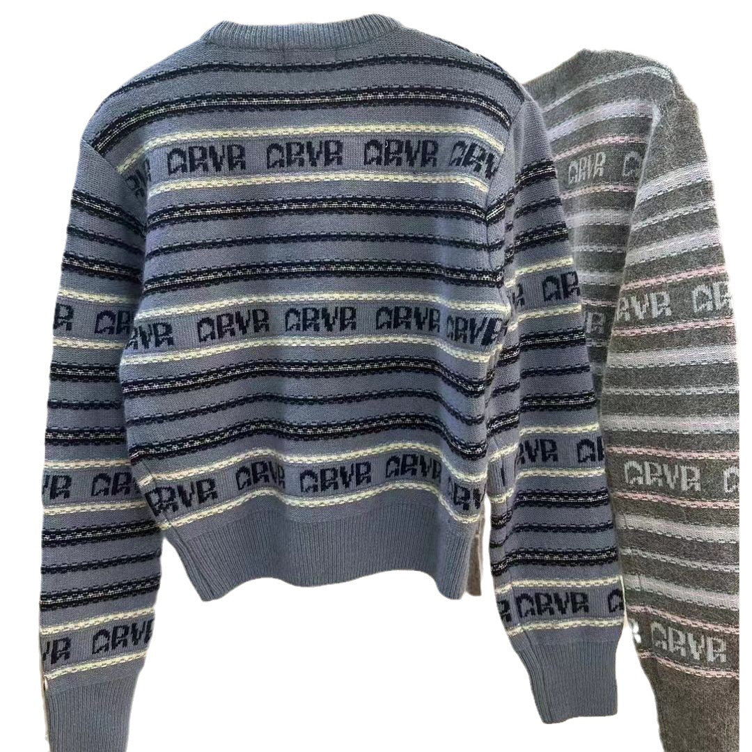 Vintage Striped Letter Jacquard Crew-Neck Sweater Women's Casual Loose Fall/Winter Sweater