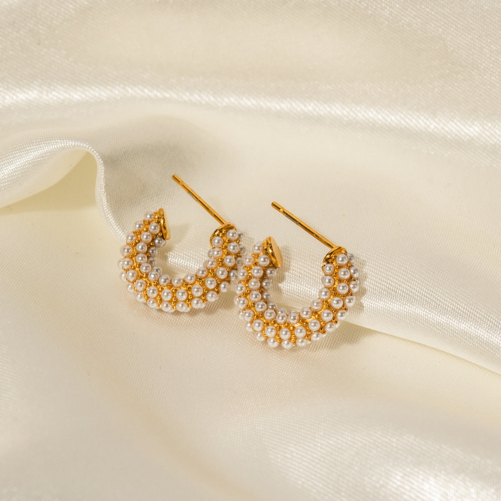 5pcs The New Fashion All-Earrings 18K Gold-Plated Stainless Steel With Pearl Studded Mini C-Shaped Earrings For Women