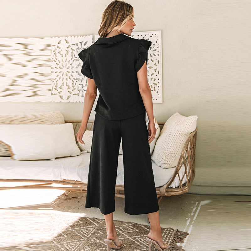 Summer New Ruffled Three-Quarter Sleeve Capri Pants Two-Piece Female Fashion Casual Suit Female