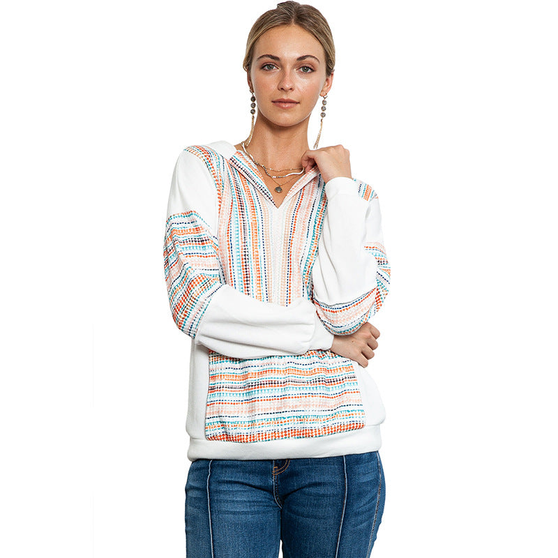 Autumn And Winter New Color Knitted Hoodie Women Casual Loose Texture Stitching Long Sleeve Top