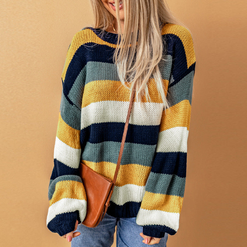 Winter New Color Stripes Patchwork Sweater Women Casual Off Shoulder Long Sleeve Pullover Woman