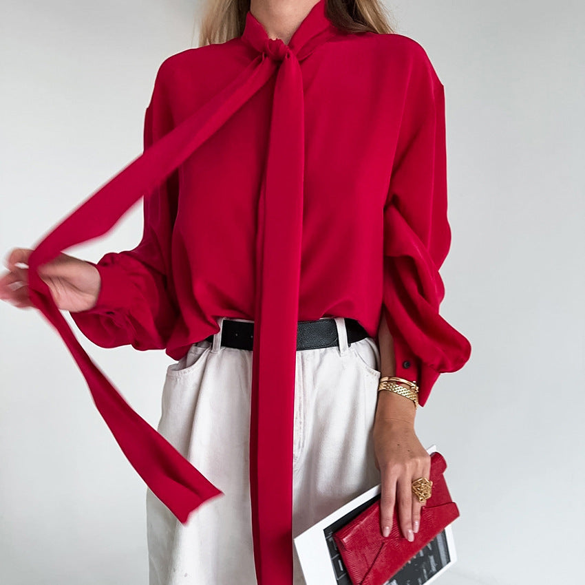 Red Chiffon Lapel Float Lead Women's Loose Shirt New Fall Fashion Top For Women