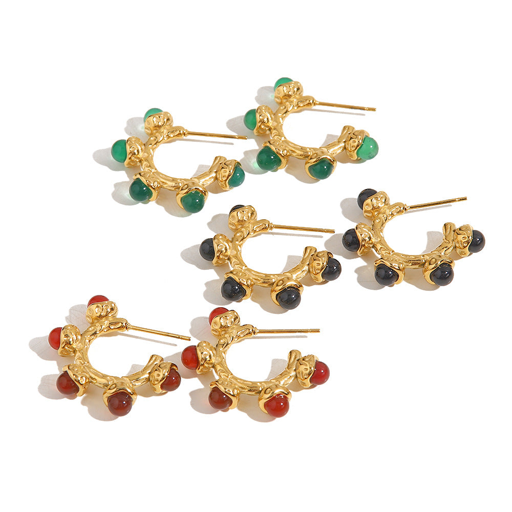 5pcs Retro Texture Jade Series Red/Green/Black Natural Stone Embellished Earrings Women's Of All Matching Earrings