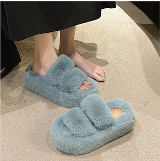 Large Size Fashion Soft 7Cm Outside Wearing Fluffy Slippers Female Flat Flip-Flops Autumn New Thickened Slippers