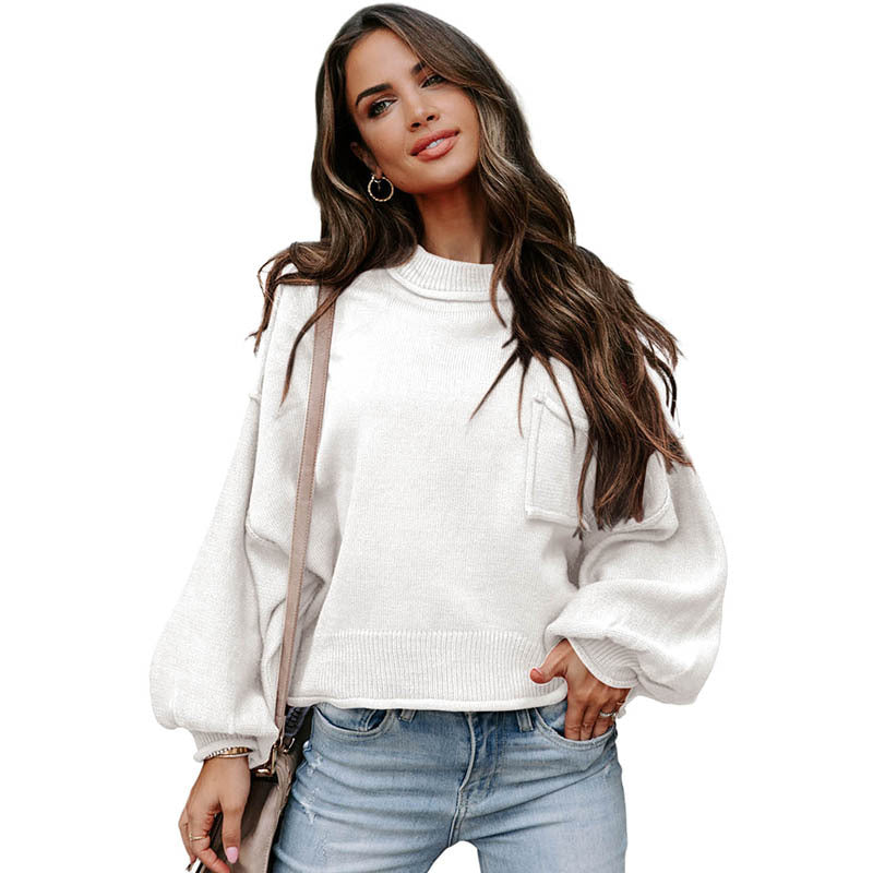 Autumn New Solid Color Furred Edge Pocket Long Sleeve Top Women Casual Style Pullover Sweater Woman