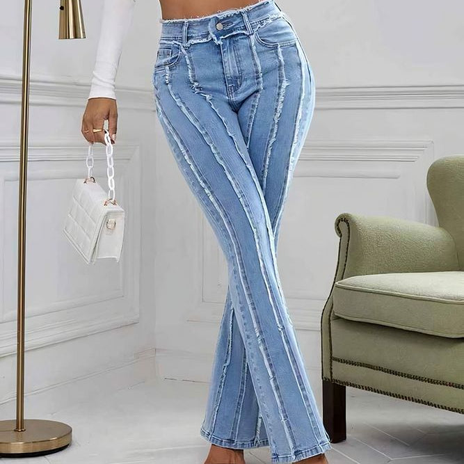 Frayed Detail Mid Waist Flare Jeans