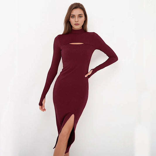 Burgundy Slim High-Neck Stretch Sexy Split Dress Wildberries Spring/Summer Fashion