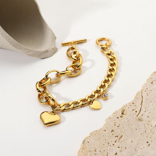 5pcs Cuban Chain Oval Chain Double Love Small Round Zirconium Pendant Ot Buckle Bracelet 18K Gold Plated Stainless Steel Bracelet