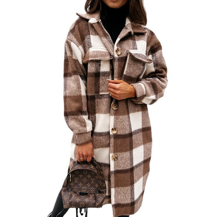 Autumn And Winter Long-Sleeved Checkered Trench Coat Wool Lapel Shirt Coat