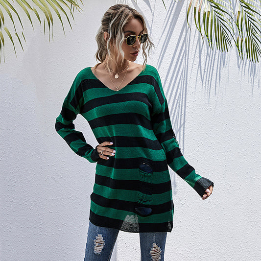 V-Neck Striped Knit Bottom Sweater Female Autumn