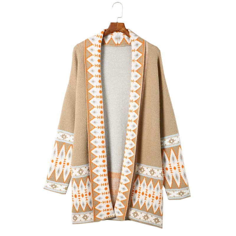 Autumn And Winter New National Style Printed Cardigan Knitted Coat Female Autumn And Winter New Cardigan Top