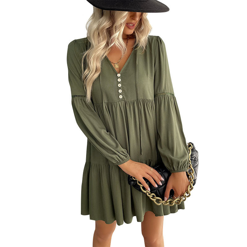 New Fashion Women's Long-Sleeved Green Autumn And Winter Dress