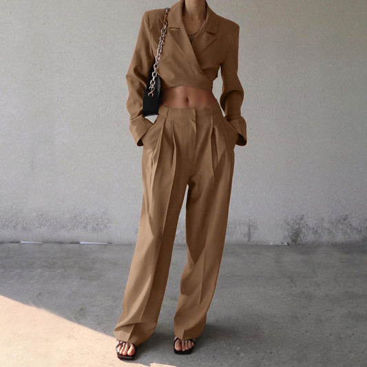 Brown Suit Neck Short Crop Top Trouser Suit New Fall Fashion Two-Piece