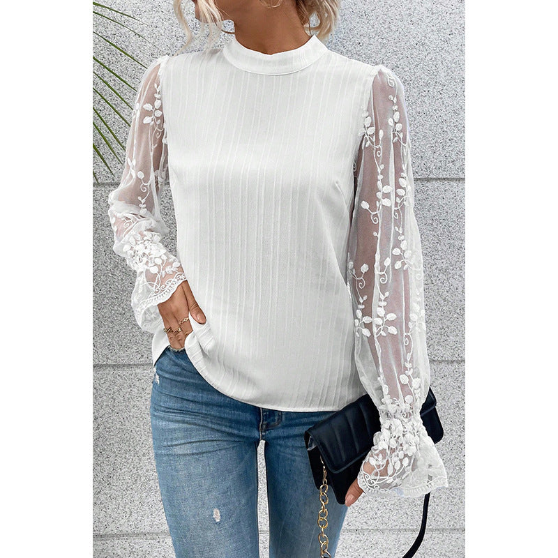 Spring New Solid Color Chiffon Shirt Woman Thin Sweet Wind Lace Ruffled Sleeve Blouse Woman