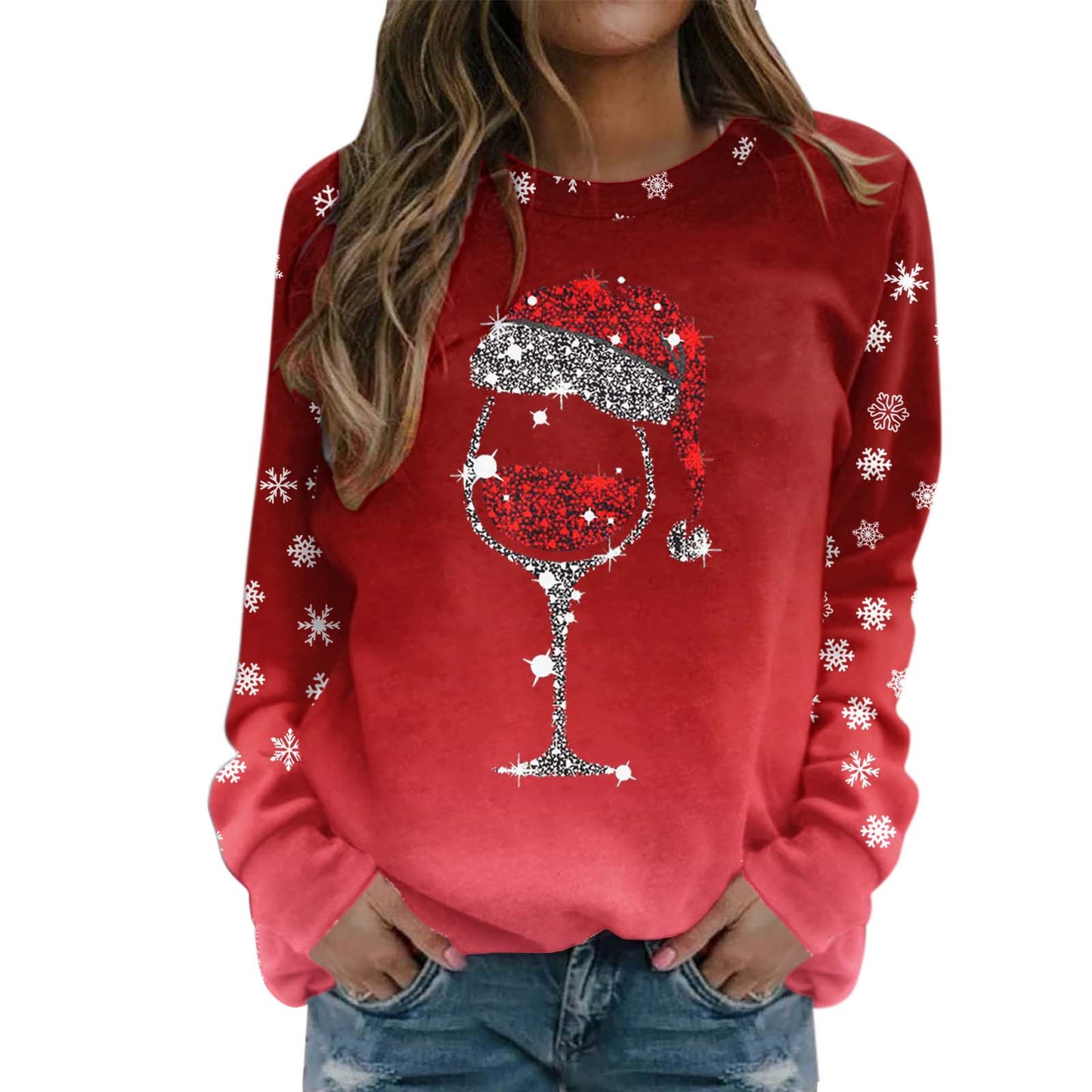 Ladies Casual Big Head Deer Christmas Printed Round Neck Long Sleeve Hoodie Top