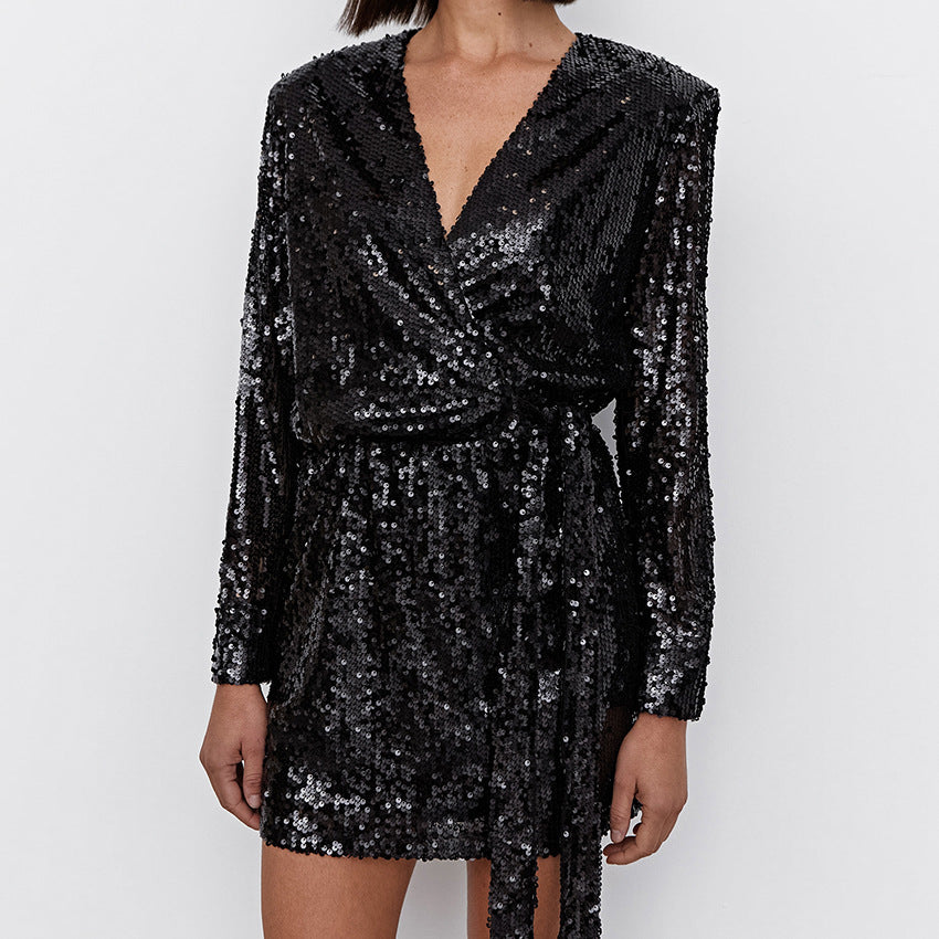 Sexy Sequin V-Neck Shrugging Dress New Spring Fashion Commuter Woman