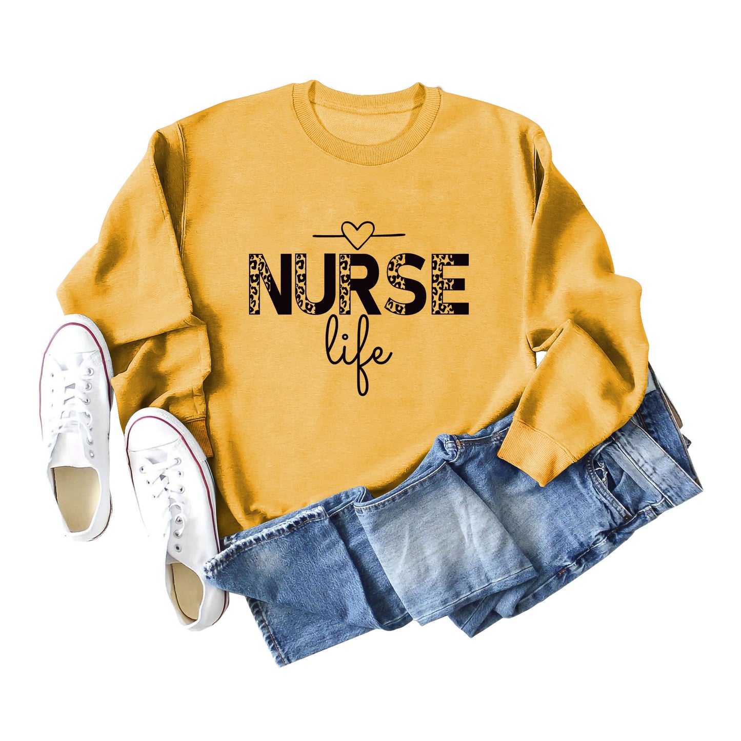 Pullover Crew Neck Top Long Sleeve Nurse Life Print Loose Hoodie