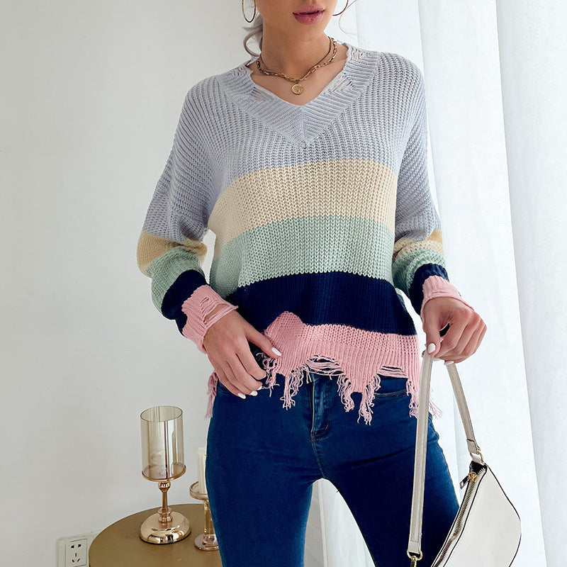 Autumn Winter Casual Women's Long-Sleeved Worn Knit Bottom V-Neck Sweater