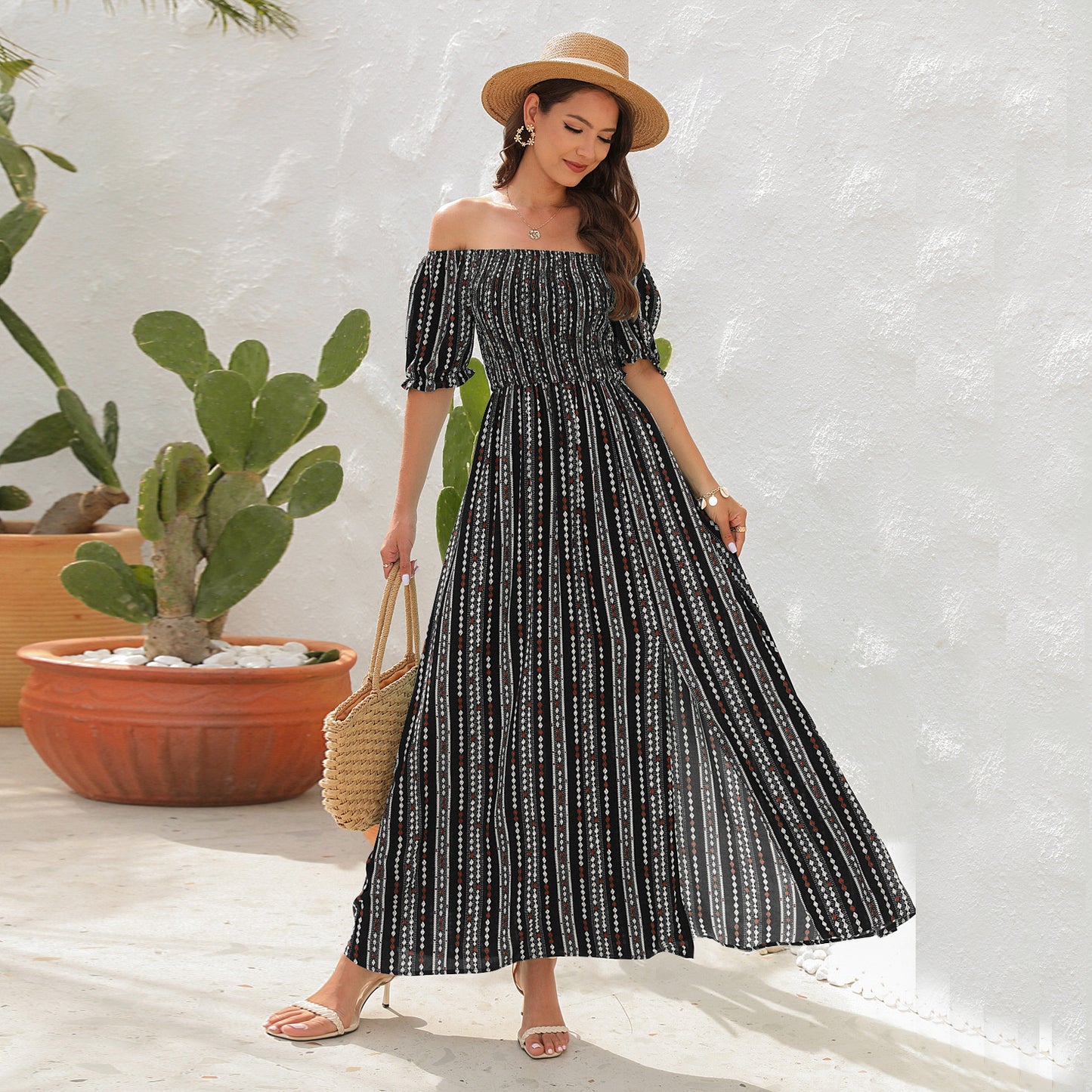 Spring/Summer Vertical Stripe Printed Slit Waist One-Line Shoulder Short-Sleeved Holiday Casual Dress