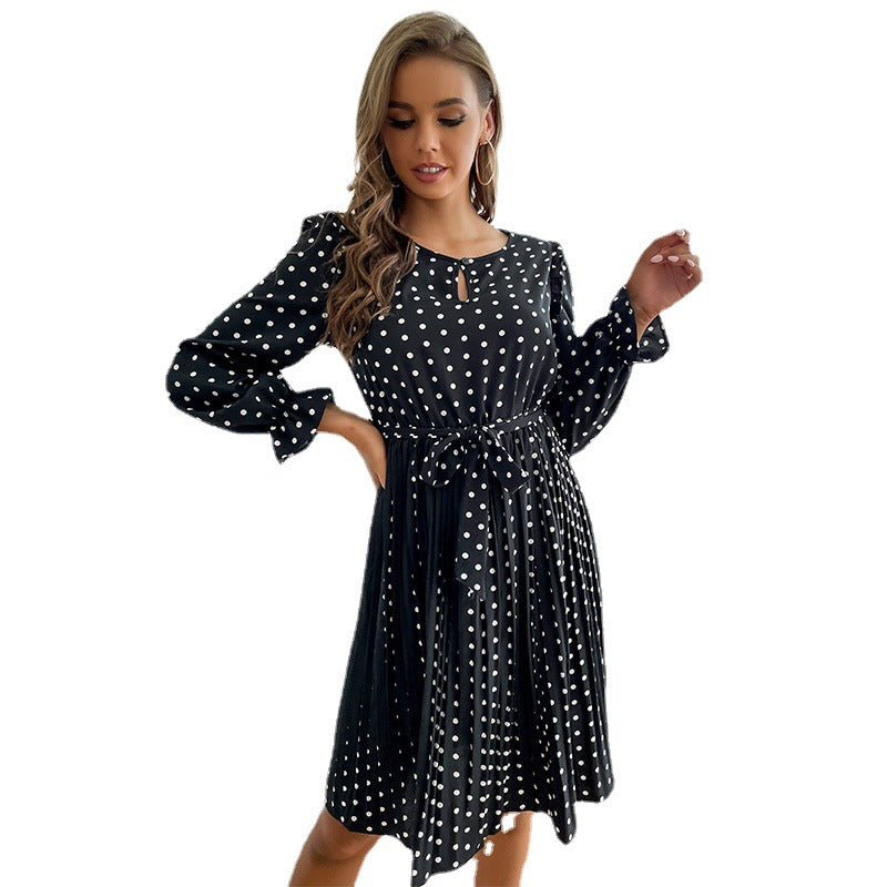 Vintage Women's Polka-Dot Autumn And Winter Pleated Skirt Round Neck Long-Sleeved Dress