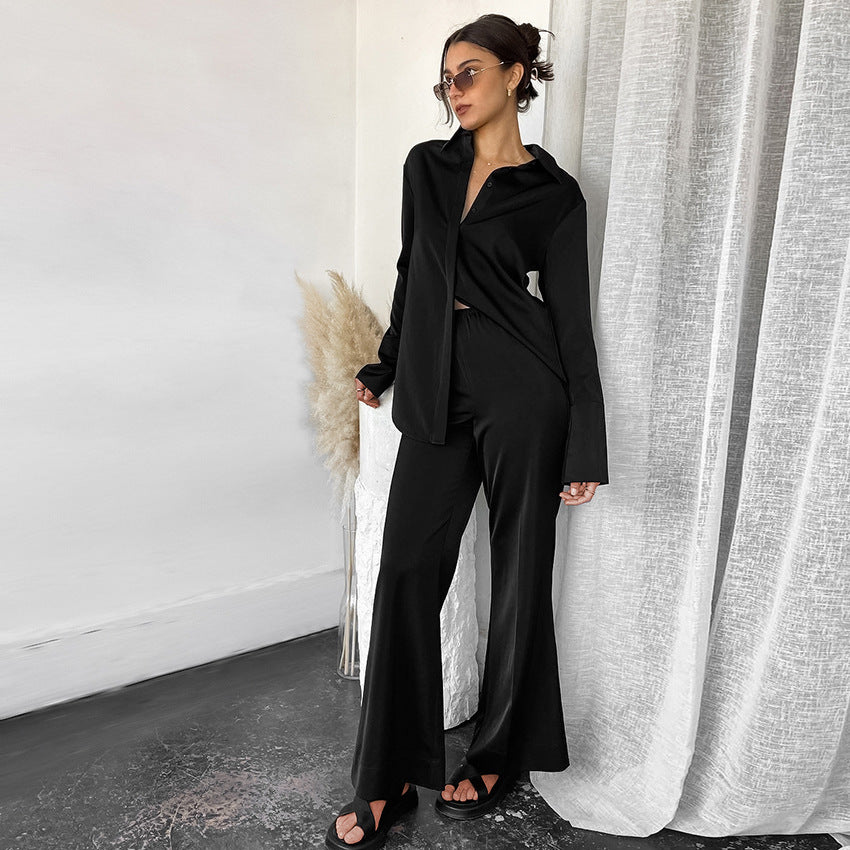 Black Thin Soft Matte Color Ding Lapel High Waist Slit Loose Suit New Fall Fashion