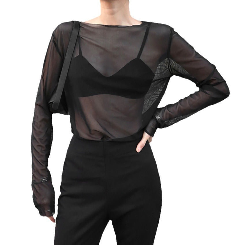 Spring Sexy Temperament Sense Knitted Mesh See-Through Crewneck Length T-Shirt Loose Fashion High Street Top