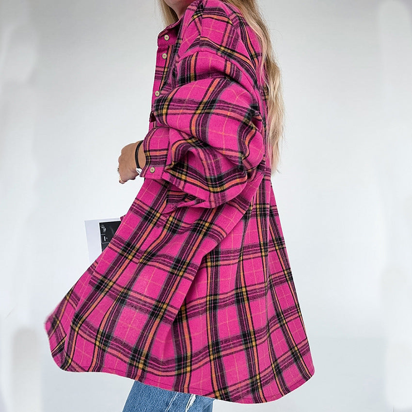 Rose Vintage Classic Plaid Long-Sleeved Lazy Shirt New Autumn Fashion Loose Woman