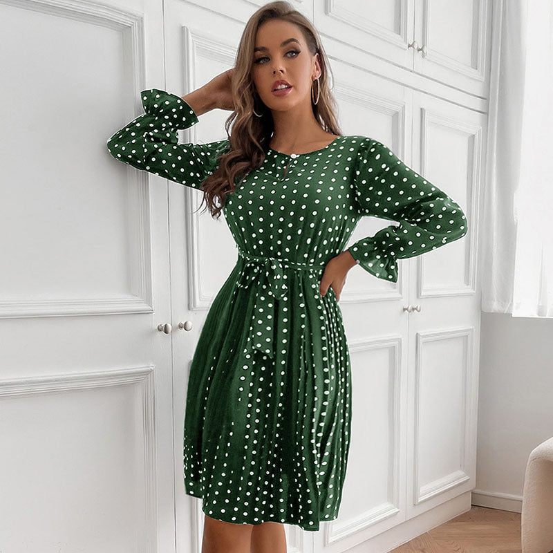 Vintage Women's Polka-Dot Autumn And Winter Pleated Skirt Round Neck Long-Sleeved Dress