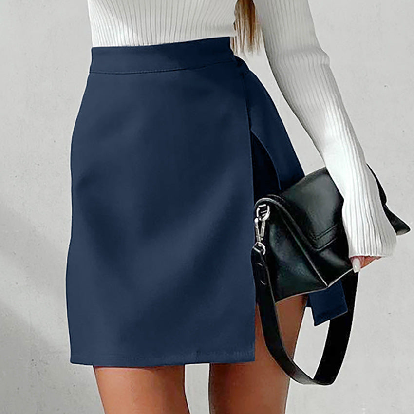 Autumn And Winter New Commuter Split Half Skirt Fake Two High-Waisted A-Line Skirt Blue Skirt Women