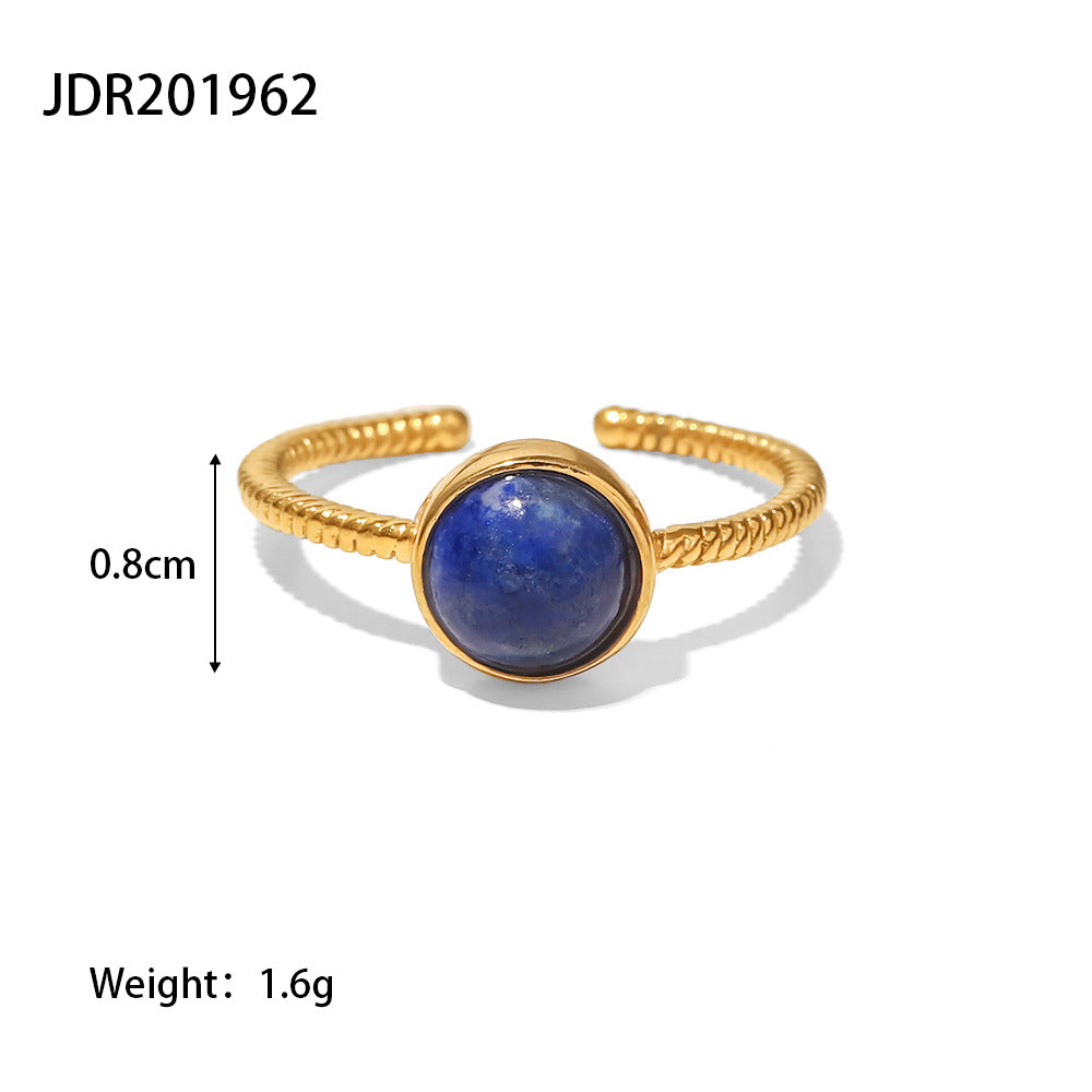 5pcs 18K Gold Plated Stainless Steel Round Lapis Lazuli Titanium Steel Ring Fashion Twist Design Adjustable Ring For Women