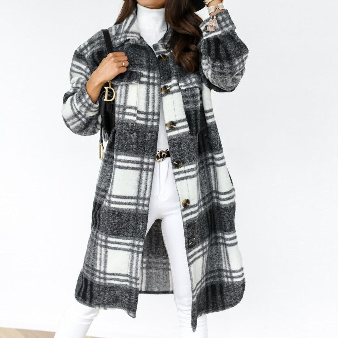 Autumn And Winter Long-Sleeved Checkered Trench Coat Wool Lapel Shirt Coat