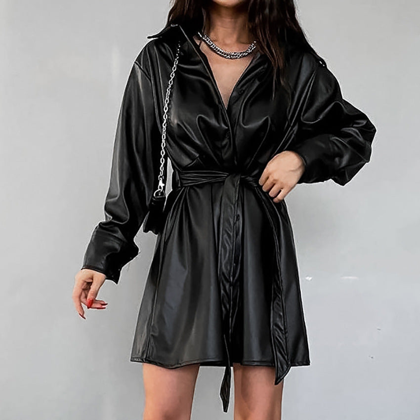 Black Velvet Faux Leather Lapel Elastic Temperament Dress New Fall Fashion Women