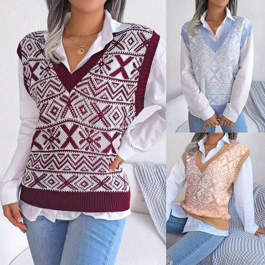 Autumn And Winter Christmas Snow Pattern V-Neck Knitted Vest Sweater Women's Wear