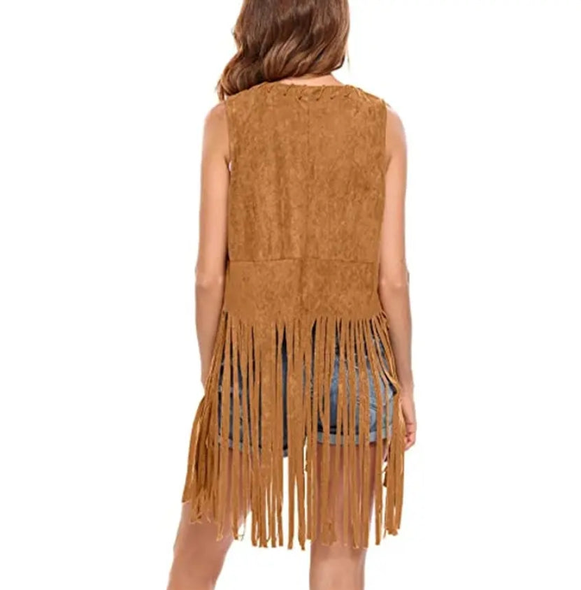 Off-The-Shelf Style Shawl Suede Fringed Waistcoat For Women Sleeveless Mid-Length Clip