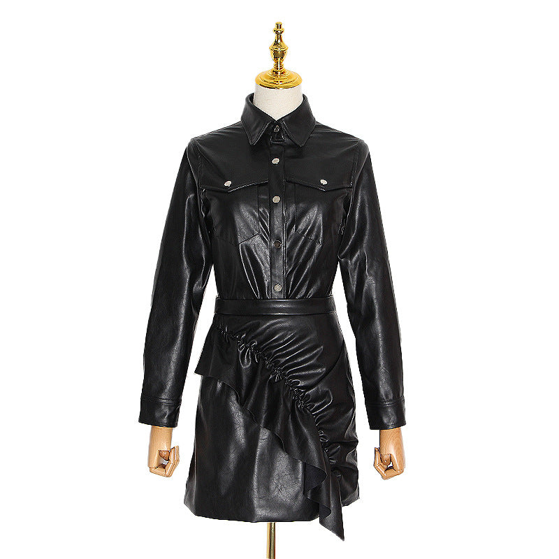 Two-Piece Lapel Pu Leather Slim-Fit Jacket Jacket High Waist Short Skirt Suit Women