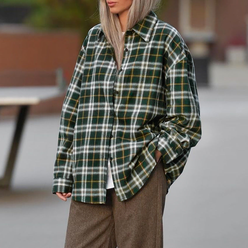 Retro Green Niche Cotton Plaid Shirt Long Sleeve Lapel Loose Shirt For Autumn And Winter New