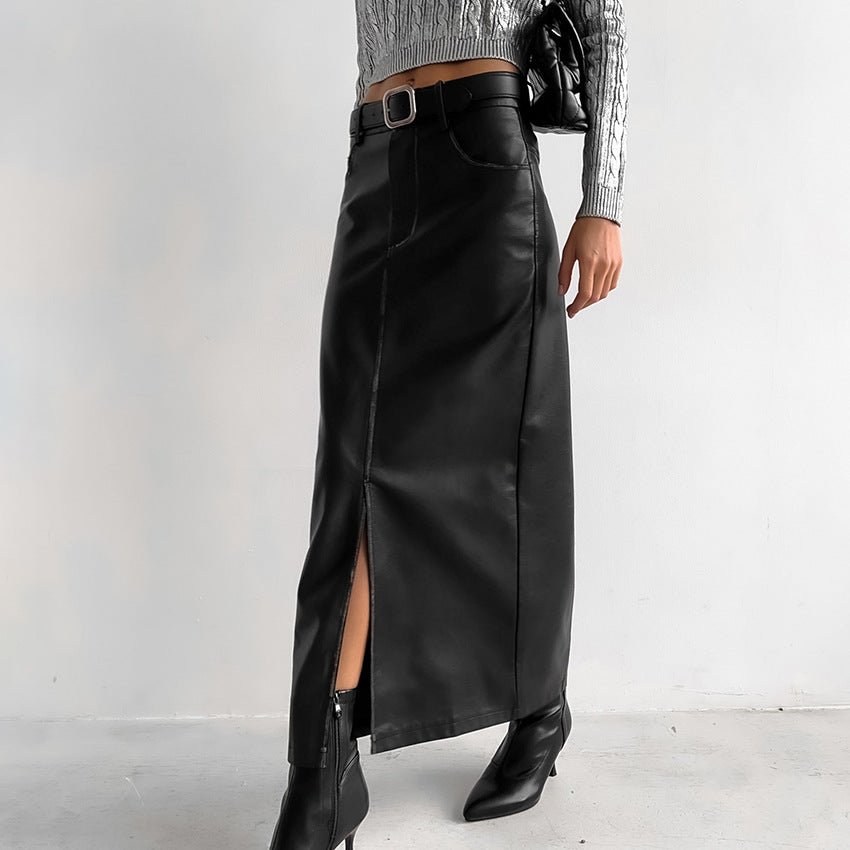 Vintage Fleece Leather Skirt Skirt Fashion Black High Waist Split Straight Leather Skirt Package Hip Skirt Women's Dress