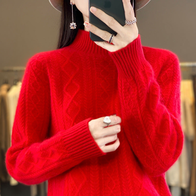 Autumn And Winter New 100% Woolen Sweater Women's Half Turtleneck Floral Thickened Sweater Set Cashmere Knitted Long-Sleeved Base Shirt