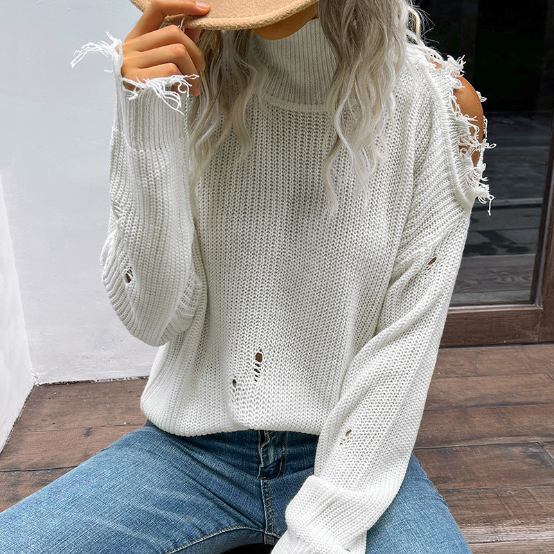 New Autumn And Winter Fashion Women's Shabby Long-Sleeved Hollowed Out White Turtleneck Sweater