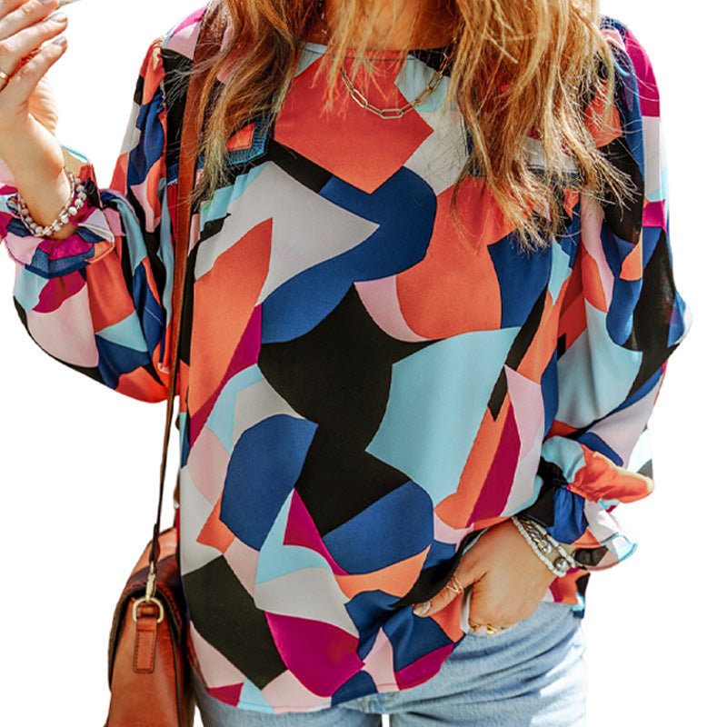 Block Printed Chiffon Shirt Women's Autumn Loose Play Puffy Sleeve Top